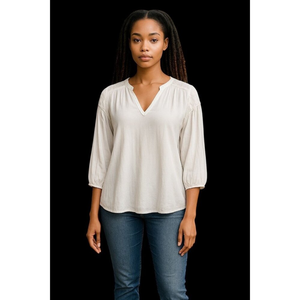 Ellen Tracy Womens Top White Boho Blouse With Embroidered Detail Size M